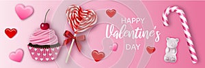 Valentine`s day banner with cupcake, lollipop, candy cane, gummy bear and heart shaped candies