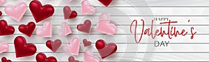 Valentine`s Day banner design. Romantic love 3d hears decoration on wooden board. Design concept for website header or newsletters