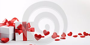 Valentine's day banner with gift boxes with bows and red hearts in front of white background