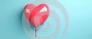 Valentine\'s Day banner of heart balloon in red color over blue background.