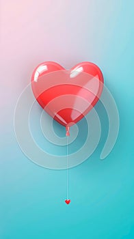 Valentine\'s Day banner of heart balloon in red color over blue background.