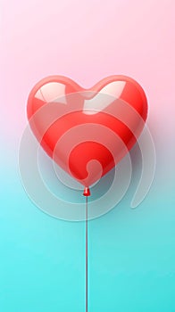 Valentine\'s Day banner of heart balloon in red color over pink and blue background.