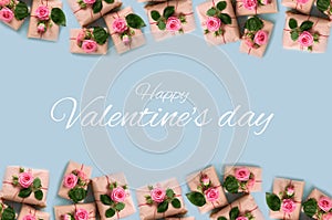 Valentine`s day banner.postcard favorite.Festive wreath of roses decoration with gifts and pink roses on a blue background.