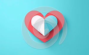 Valentine\'s Day banner of red paper heart over blue background.