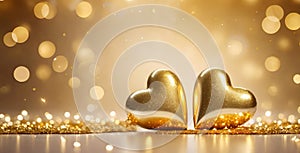 Valentine\'s Day banner with two golden hearts on a blurred gold shiny bokeh background with copy space.