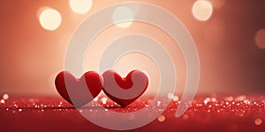 Valentine's day banner. Two hearts on red background with bokeh and shimmers