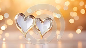 Valentine\'s Day banner with two silver and golden jewelry hearts with diamonds on a blurred bokeh background