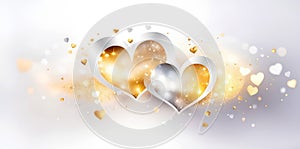 Valentine\'s Day banner with two silver and golden jewelry hearts with diamonds on a blurred bokeh background.