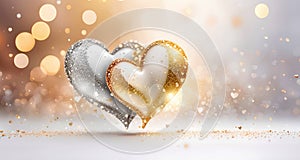 Valentine\'s Day banner with two silver and golden jewelry hearts with diamonds on a blurred bokeh background.