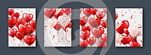 Valentine's Day banners with red heart balloons. Wedding invitation card template, love background. Mother's Day