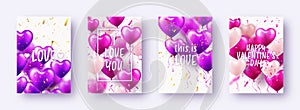 Valentine's Day banners with violet heart balloons and text. Wedding invitation card template, love background