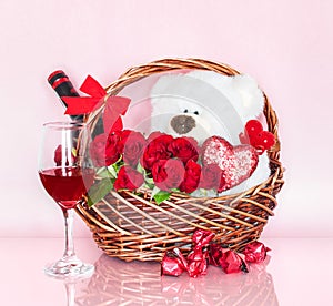 Valentine`s Day Basket with Symbols of Love
