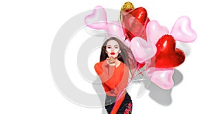 Valentine`s Day. Beauty girl with colorful air balloons having fun
