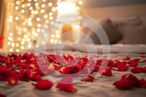 Valentine\'s Day Bedroom with Rose Petals and Ambient Lighting