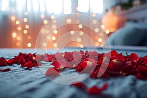 Valentine\'s Day Bedroom with Rose Petals and Ambient Lighting