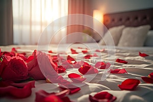 Valentine\'s Day Bedroom with Rose Petals and Ambient Lighting