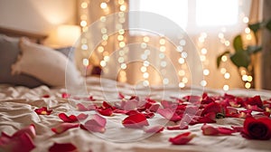 Valentine\'s Day Bedroom with Rose Petals and Ambient Lighting