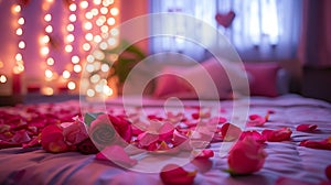 Valentine\'s Day Bedroom with Rose Petals and Ambient Lighting