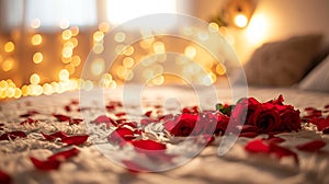 Valentine\'s Day Bedroom with Rose Petals and Ambient Lighting