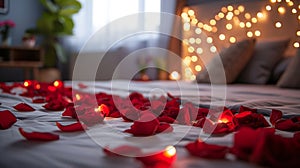 Valentine\'s Day Bedroom with Rose Petals and Ambient Lighting