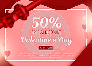 Valentine`s day big sale design template with re bow and red hearts. Banner template for promotion