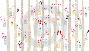 Valentine`s Day Birch Tree or Aspen Silhouettes with Lovebirds and Mason Jar Lights