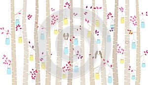 Valentine`s Day Birch Tree or Aspen Silhouettes with Lovebirds and Mason Jar Lights