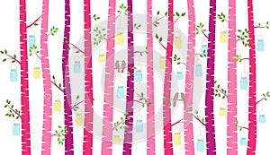 Valentine`s Day Birch Tree or Aspen Silhouettes with Lovebirds and Mason Jar Lights