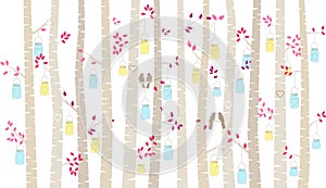Valentine`s Day Birch Tree or Aspen Silhouettes with Lovebirds and Mason Jar Lights photo
