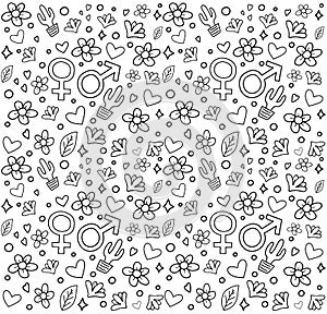 Valentine`s day black and white seamless background with hearts and flowers.