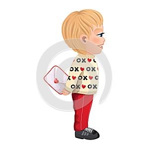 Valentine s Day with Blonde Hair Boy Side View holding Love Letter flat vector illustration