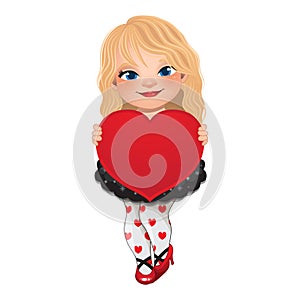 Valentine s Day with Blonde Hair Girl holding Red Heart Cartoon Character Vector