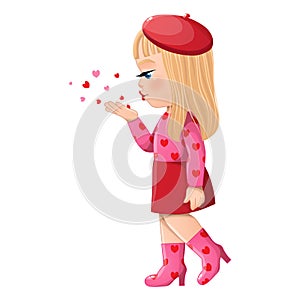 Valentine s Day with Blonde Hair Girl Side View Blowing Hearts flat vector illustration