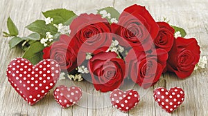 Valentine\'s Day Bouquet: Red Roses with Polka Dot Hearts photo