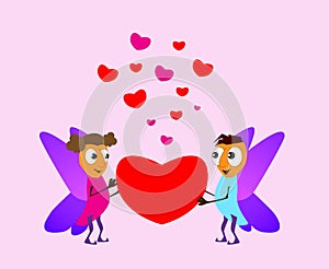 Valentine`s Day. Boy and girl elf. Love cards. Red and pink folded hearts. Vector illustration background