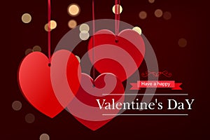 Valentine`s day burgundy background with red hearts on ribbon