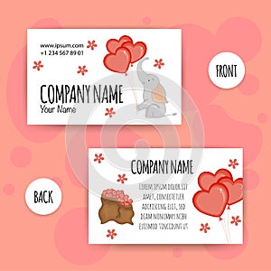 Valentine`s Day business cards with cute elephant. Cartoon style. Vector illustration