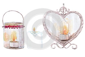 Valentine`s day candles set. Watercolor hand painted antique heart shaped candlestick and candle in a jar isolated on white backgr