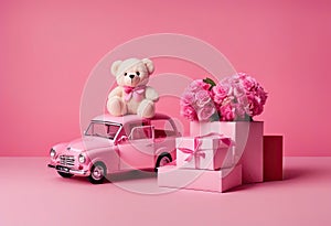 Valentine\'s Day car Pink toy boxes writing gift made composition aesthetics teddy love concept pink copy Minimal delivery space