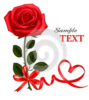 Valentine`s day card. Beauty red rose with bow