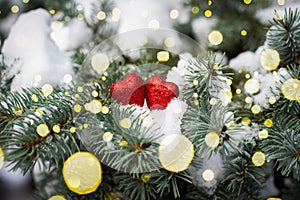 Valentine`s day card. branches of a Christmas tree with snow and two red hearts on them. magic lights, bokeh