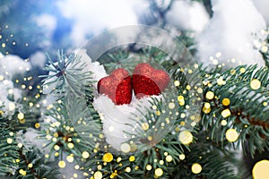 Valentine`s day card. branches of a Christmas tree with snow and two red hearts on them. magic lights, bokeh