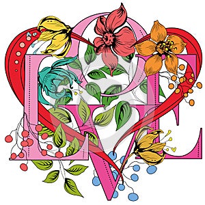 Valentine`s Day card bright colorful with the words love in flowers. The design is suitable for decoration, decoration