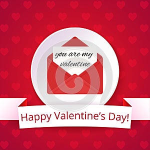 Valentine's day card on a bright red background with hearts. Happy Valentine's Day text on a ribbon. Love letter.