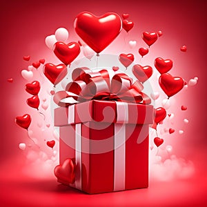 Valentine\'s Day card concept. Beautiful red gift box with big bow and heart-shaped balloons on white-red background.