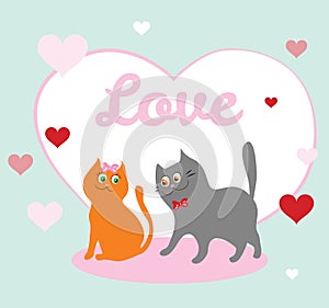 Valentine`s day card with couple of cute cats.  Vector illustration of animals in love