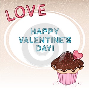 Valentine`s day card with cupcake, heart shaped lollipop, chocolate cream and sprinkles