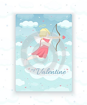 Valentine's Day card. Cupid shoots a bow and arrow. An angel in a red dress and white socks holds a bow and arrow