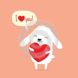 Valentine`s Day card with cute cartoon bunny rabbit holding heart
