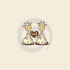 Valentine`s day card with cute couple giraffe in love.